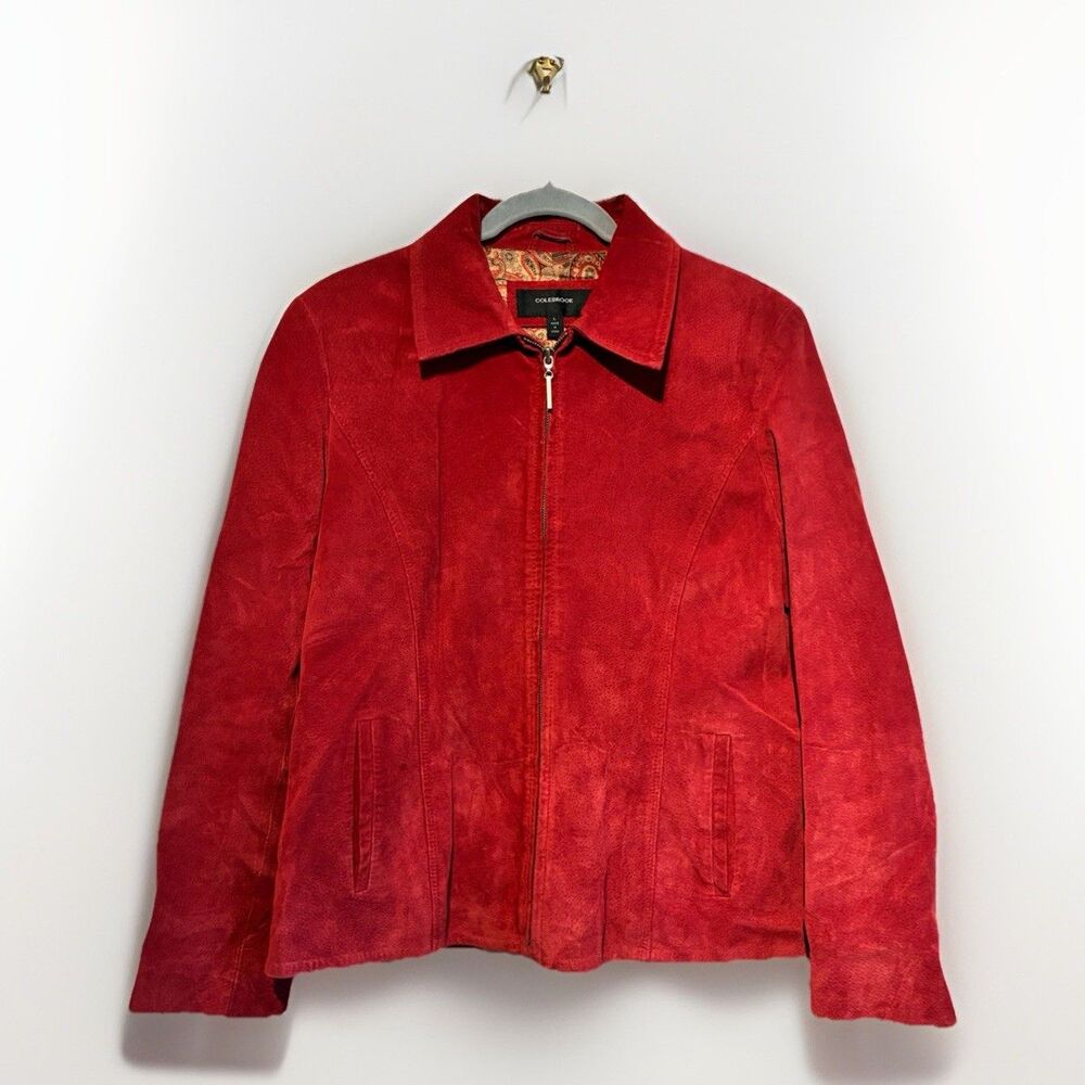 Colebrook Red Suede Leather Jacket Womens Large Zip Front Paisley Lined L